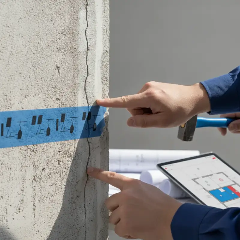 בודק מצביע על סדק אנכי בעמוד בטון עם סרט כחול, פטיש ותוכנית דירה בטאבלט