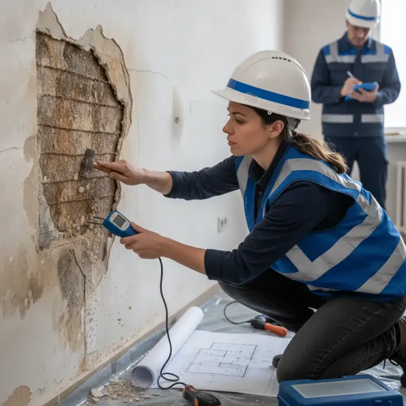 שמאית בקסדה בודקת קיר עם טיח מתקלף וחשוף לבנים באמצעות מד לחות, בעוד עמית רושם הערות ברקע